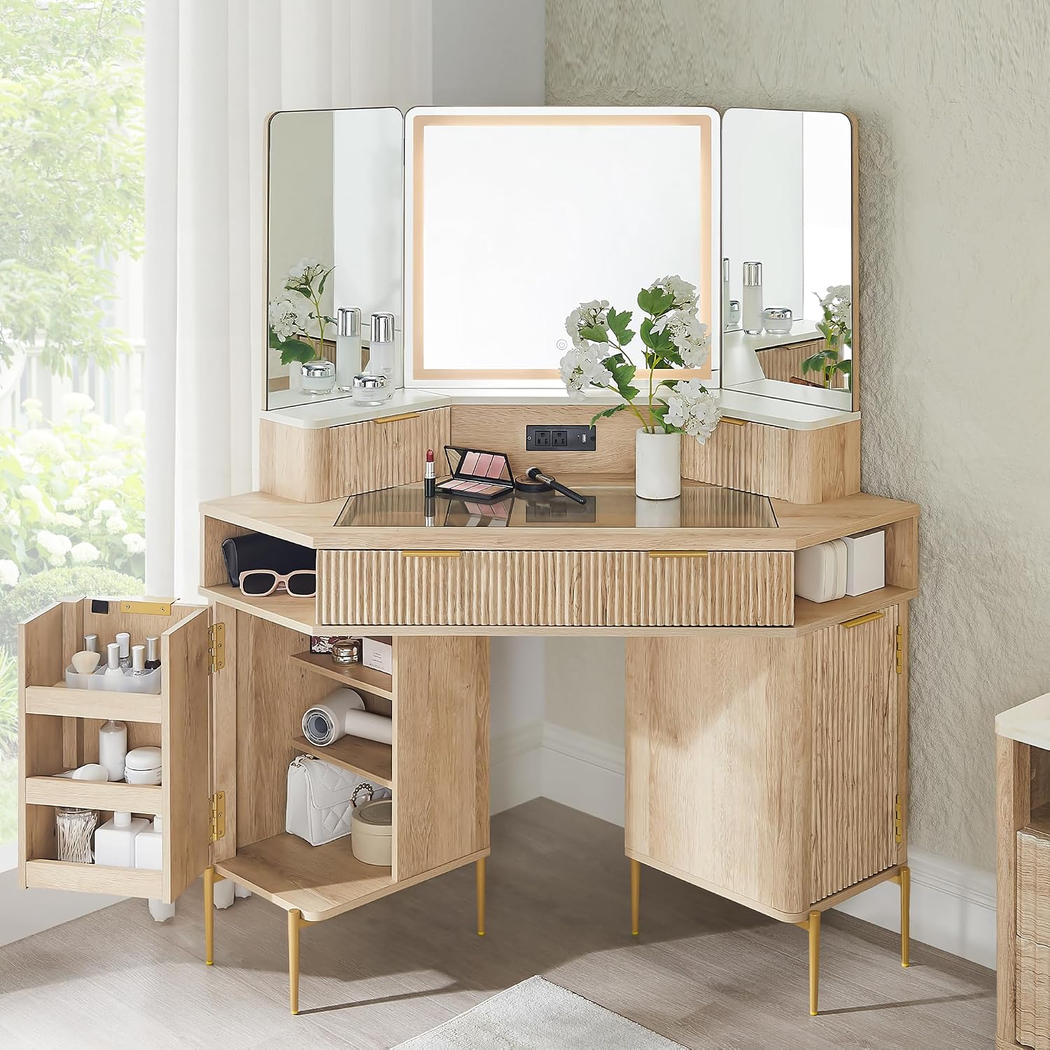 T4TREAM 48' Fluted Makeup Vanity Desk with HD Triple Mirror and Lights, Large Lighted Corner Vanity with Glass Top, Modern Dressing Table with 3 Drawers & 2 Cabinets for Bedroom, Natural Oak