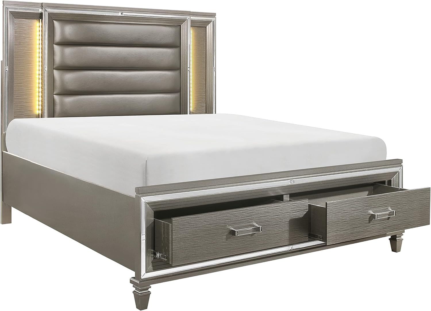 Silver Gray Metallic Finish 5pc Bedroom Furniture Set Tufted California King Size Platform Bed LED Light Upholstered Headboard