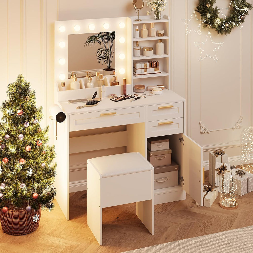 Makeup Vanity with Mirror and Lights, 37' Small Vanity Desk with Power Outlet, 3 Colors & Adjustable Brightness, White Vanity Set with 3 Drawers, Cabinet & Cushioned Chair