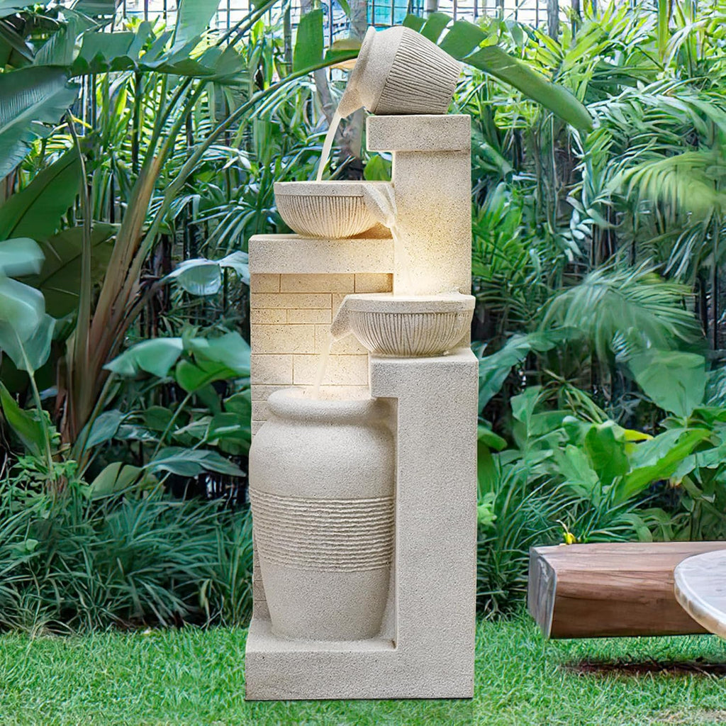 42.52' Outdoor Garden Water Fountain with Lights 4 Tiers Cascading Large Waterfall Floor Standing Fountain for Patio, Backyard, Deck, Porch and Home Art Decor