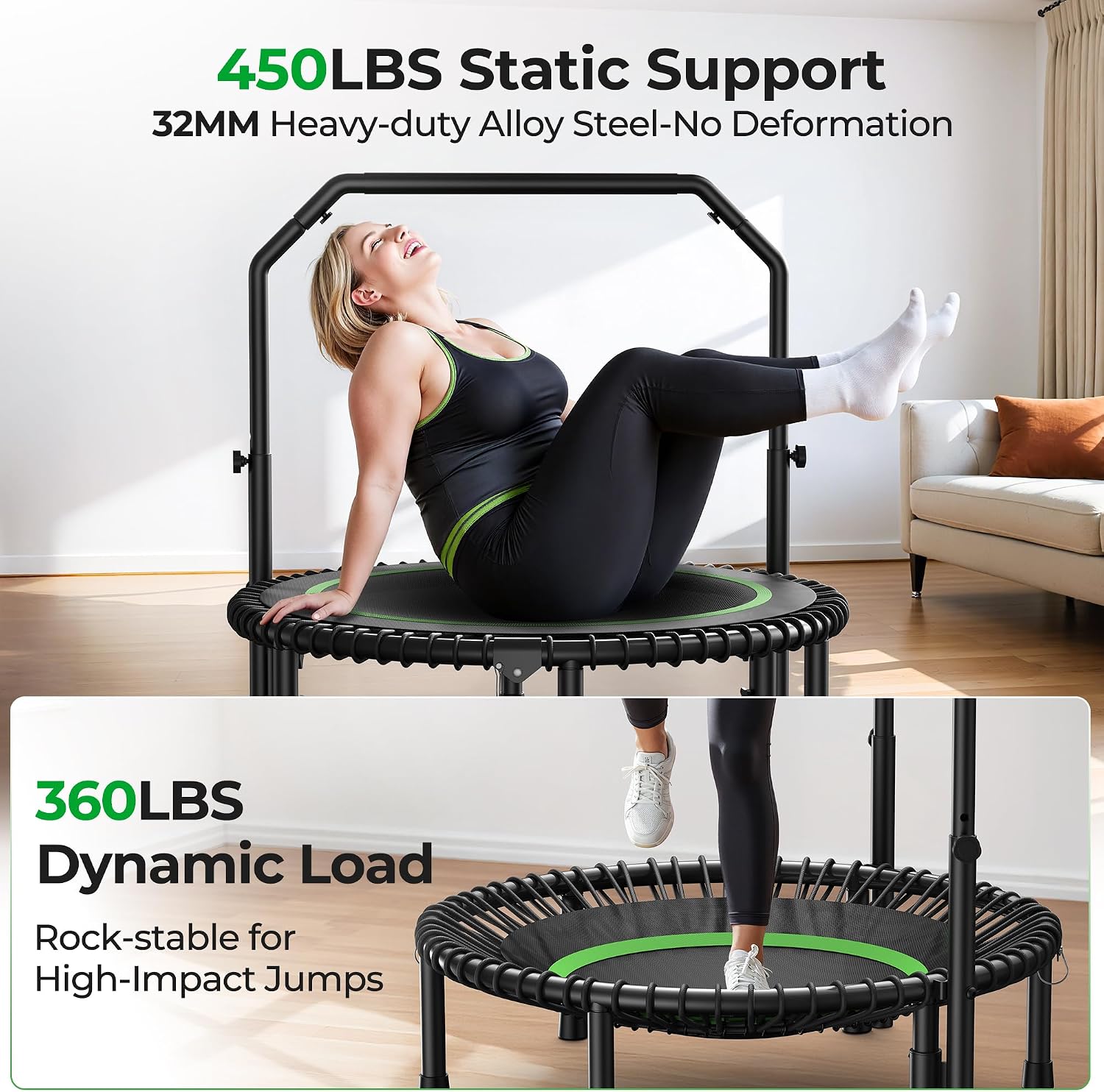 BCAN BT2 450/550LBS Mini Rebounder Trampoline for Adults with Bar, Fitness Trampoline with Bungees, Adjustable Handle, Stable & Quiet, Indoor Outdoor, Whole-Body Workout & Relaxation at Home-40IN/48IN