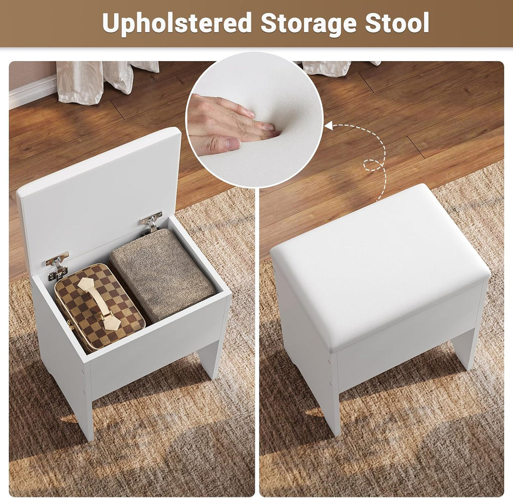 BTHFST Corner Vanity Desk with Lights and Charging Station, Makeup Vanity with Lights, Vanity Set with Mirror and Storage Stool, Makeup Table with Drawers, Rotating Shelves, White