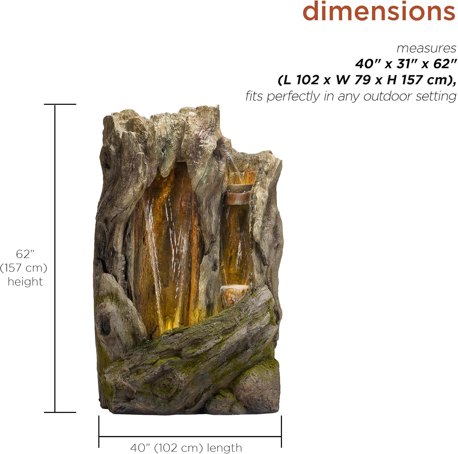 Alpine Corporation 62' Rustic Outdoor Tree Trunk Waterfall Fountain with LED Lights – Natural Wood-Look Water Feature for Gardens, Patios, Yards, and Landscaping Decor, Resin