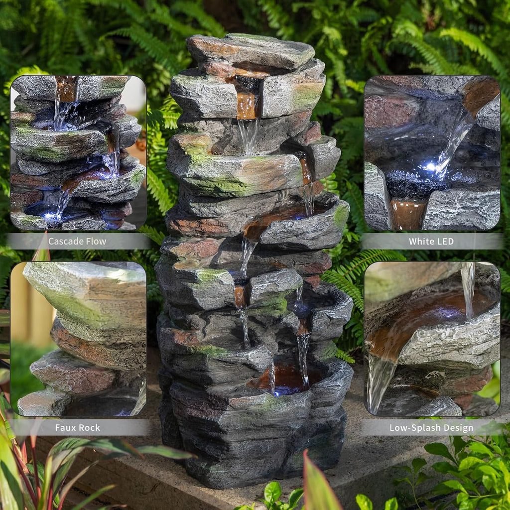 Outdoor Rock Waterfall Fountain with LED Lights, Multi-Tier Stacked Stone Style, Garden Patio Decor