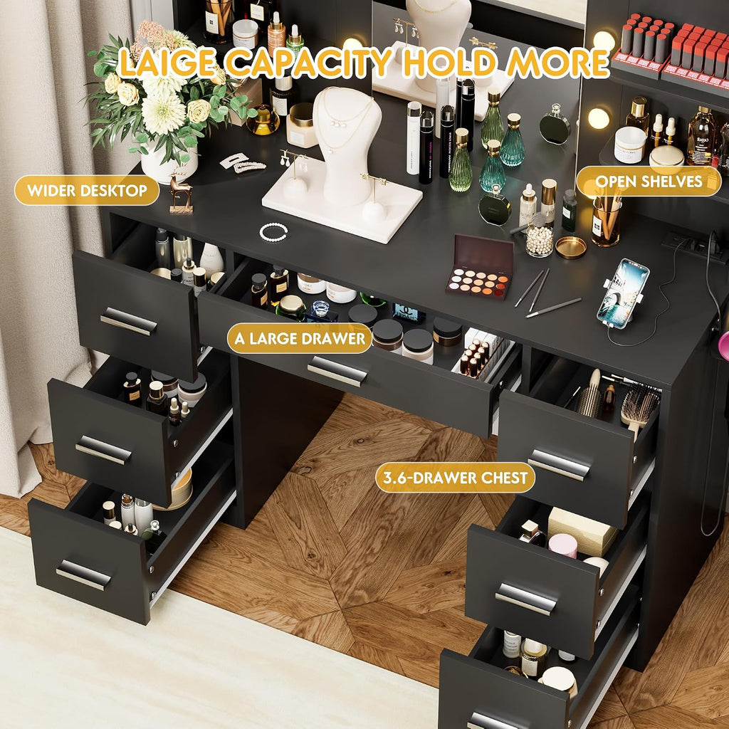 VICTONE Vanity Desk with LED Lighted Mirror&Power Outlet, 3 Model Lights Makeup Vanity Table with 7 Drawers and 6 Storage Shelves for Bedroom and Dressing Room (Black)
