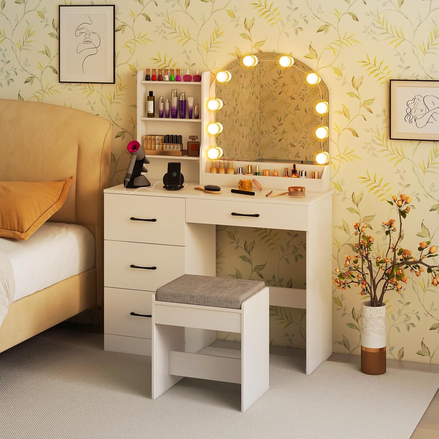 CHARMAID Vanity Desk with Mirror and Lights, White Makeup Vanity Desk with 4 Drawers, Storage Shelves, Charging Station, 3 Lighting Modes, 40 inch Large Vanity Dressing Table with Stool for Bedroom