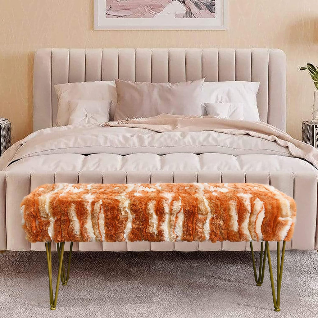 Burnt Orange Rectangle Long Bench Soft Faux Fur Ottoman 46'x16'x22' Sturdy Accent Furry Footrest Stool for Bedroom at The End of Bed Coffee Table for Living Room Closet Entryway Golden Legs