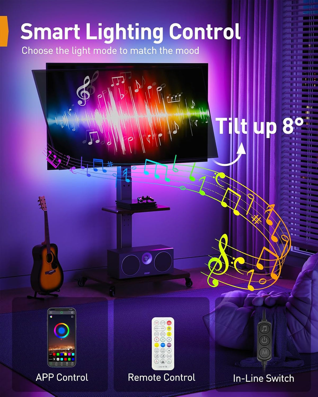 Perlegear Rolling TV Stand with LED Lights for 32'-77' TVs up to 110 lbs, Mobile TV Stand with Swivel, Tilt, and 18 Height Levels, TV Cart with Wheels and Solid Wood Base, Max VESA 600x400mm, PGTVC32B