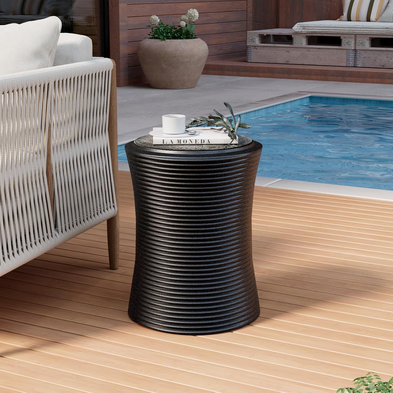 COSIEST Set of 2 Outdoor Side Table Black, Round MgO Concrete Side Table, Lightweight Outdoor Accent Table with Faux Natural Slate Rock, Cylinder Patio Table Top Plant Stand for Garden and Deck