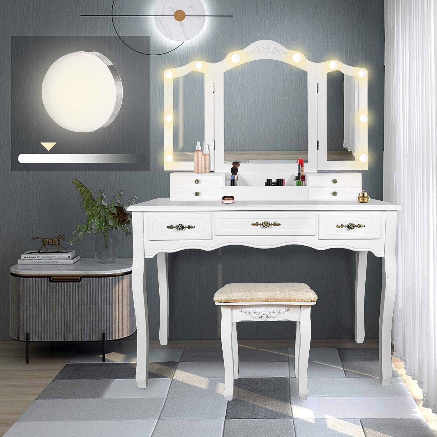 ENSTVER Vintage Vanity Set with 10 Hollywood LED Light Bulbs, Makeup Table with Stool and Mirror, Antique Vanity 6 Organization 7 Drawers, Dressing Table for Bedroom, Victorian Vanity Pure White