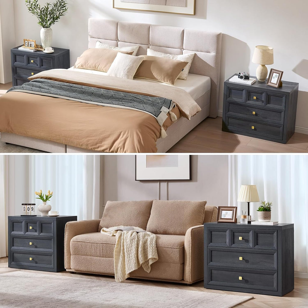 3 Drawers Nightstand W/Charging Station, 30.7' W King Size Bedside Table with 3 Drawers, Accent End Table W/Large Storage, Modern Wood Side Table for Bedroom,Office (1Piece, Gray Black)