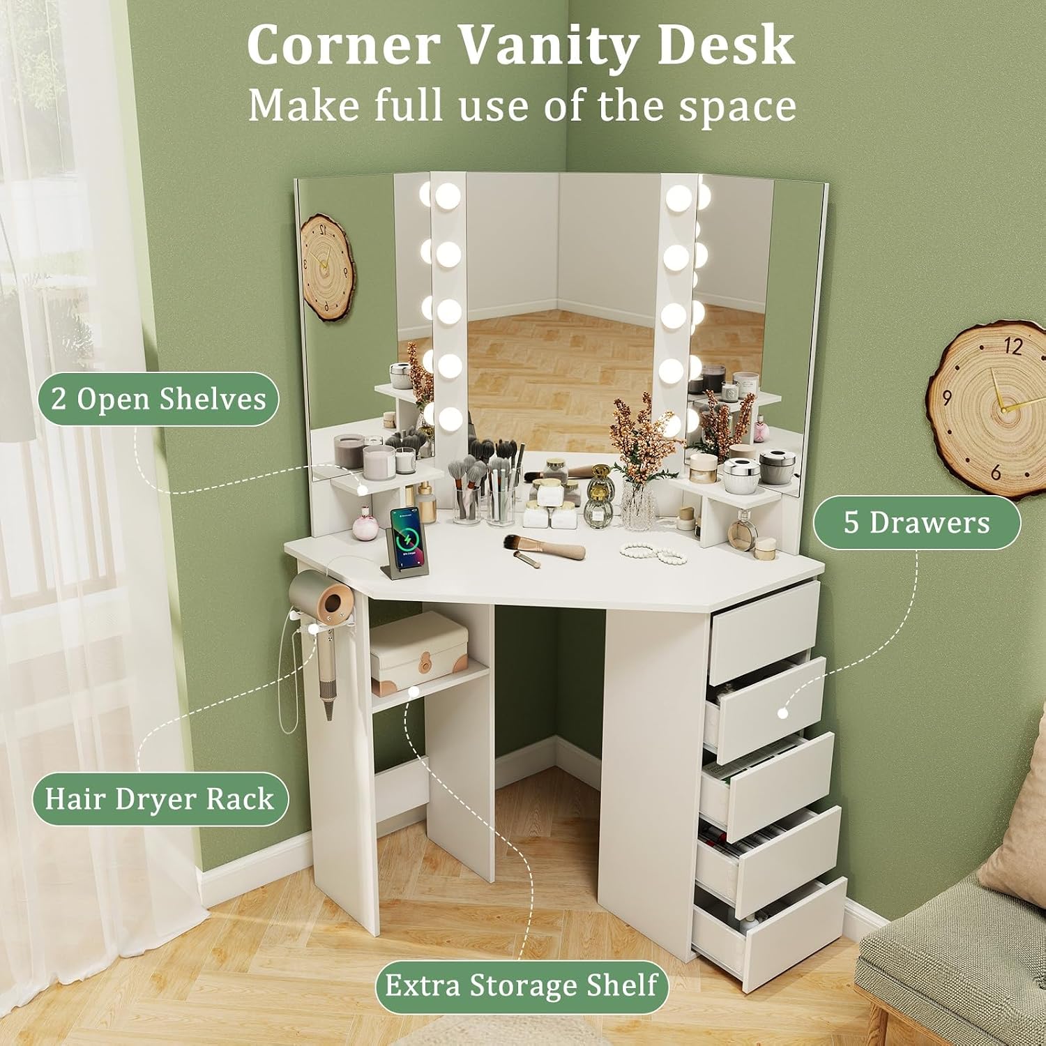 CHARMAID Corner Vanity Desk with Mirror and Lights, White Makeup Vanity Table with 5 Drawers, Storage Shelves, Charging Station, 3 Lighting Modes, Compact Vanity Dressing Table for Small Space
