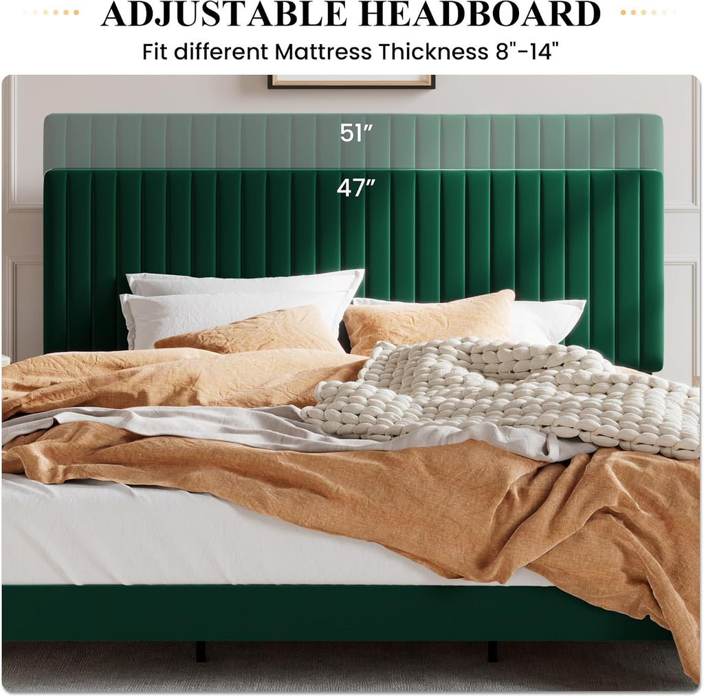 SHA CERLIN King Upholstered Platform Bed Frame with Vertical Channel Tufted Velvet Fabric Adjustable Headboard, Wooden Slats Support, Mattress Foundation, Box Spring Optional, Green