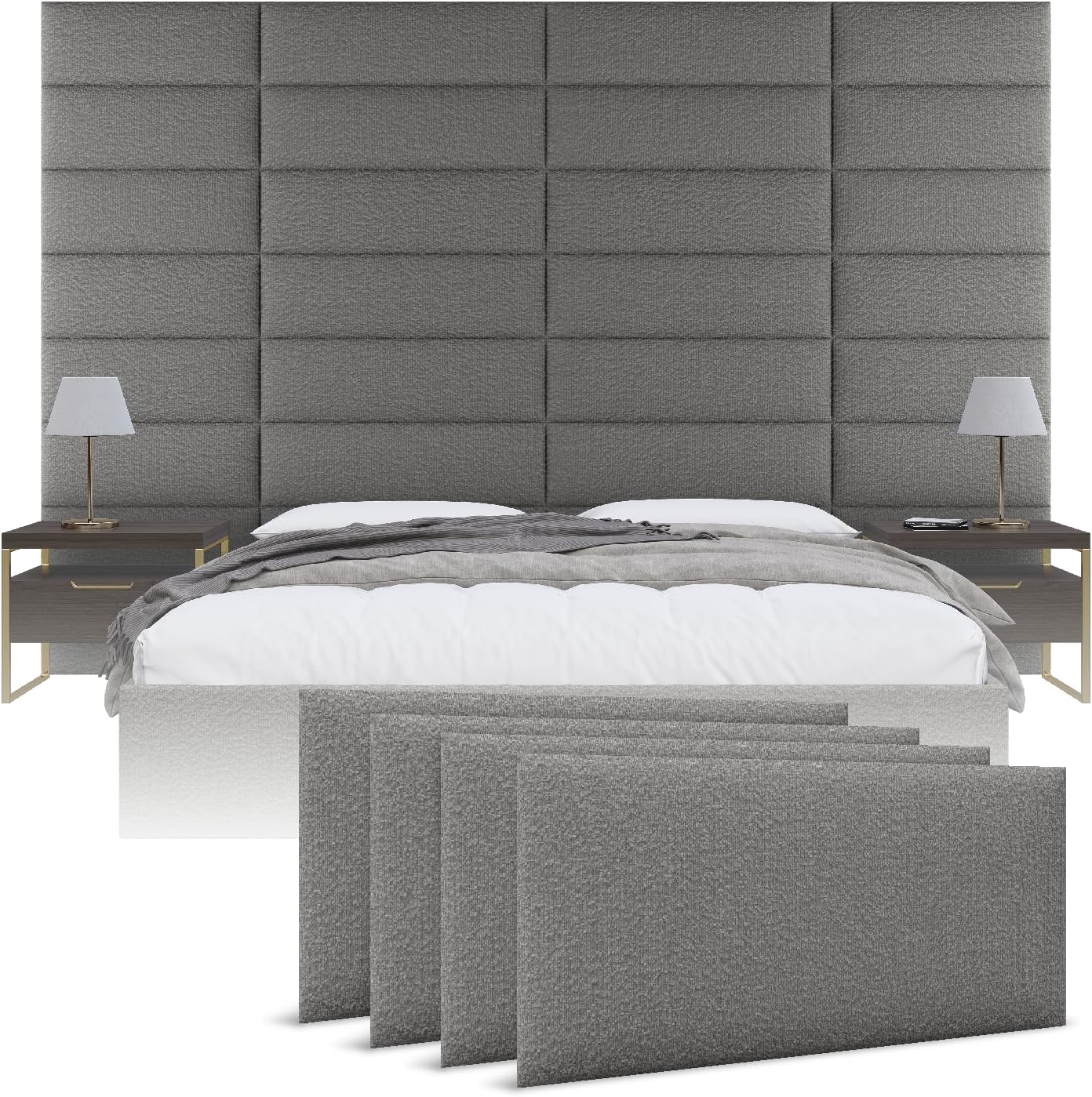 Vänt Upholstered Wall Panels - King/Cal King Size Wall Mounted Headboards - Boucle Grey - Twin/King - Set of 4 Panels (Each Individual Panel 39'x11.5')
