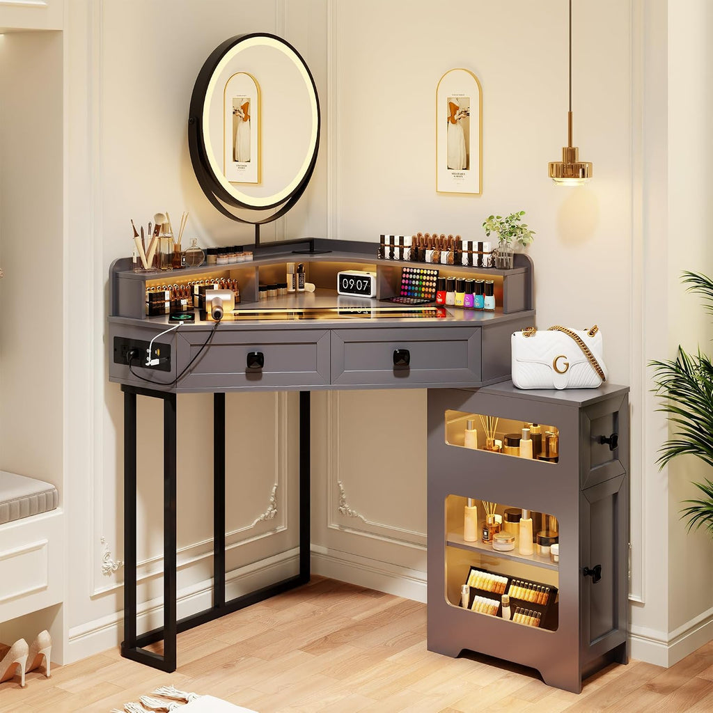 FREDEES Makeup Vanity with Mirror and Lights, Corner Vanity Table with Charging Station for Bedroom/Cloakroom, Glass Top Vanity Set with Drawers and Shelves, Grey