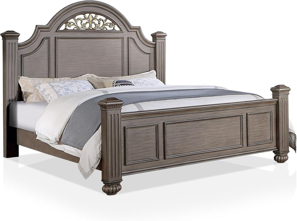 Furniture of America FOA Damos 3-Piece Gray Solid Wood Panel Bedroom Set - Cal King + 2 Nightstands