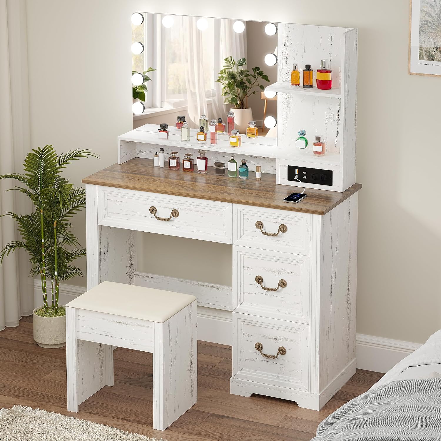 Lareth Farmhouse Vanity Desk with Lighted Mirror & Power Outlet, 39 inch Rustic Makeup Vanity Table with Drawers and Stool, Hollywood Mirror with Lights, White Dressing Table for Women Girls Gifts