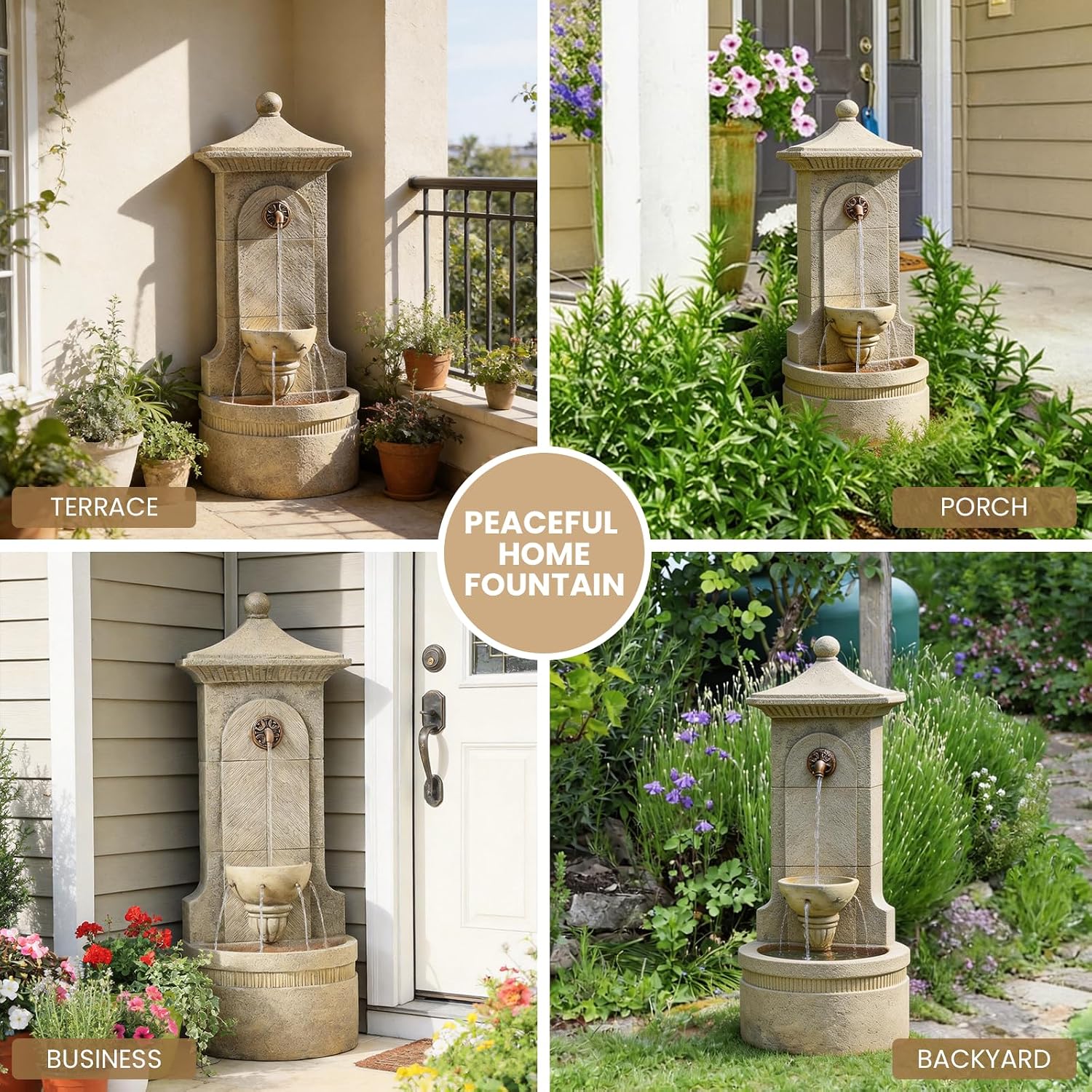 Outdoor Wall Fountain with LED Lights, 42.91' H Freestanding Garden Water Fountain, Large Floor Standing Patio Waterfall Feature, European Resin Flat Back Yard Courtyard Porch Déco