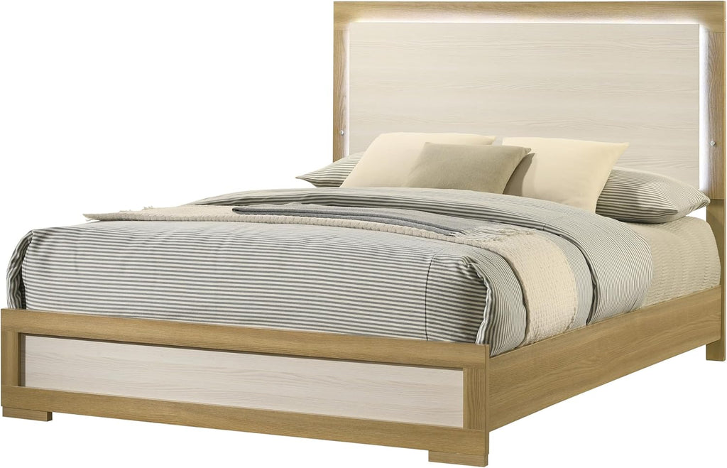 Kings Brand Furniture Boone 2-Piece Bedroom Set – Bed Frame with LED Headboard & 1 Nightstand, Natural/White Wood Finish, Slim-Profile Modern Design (King)