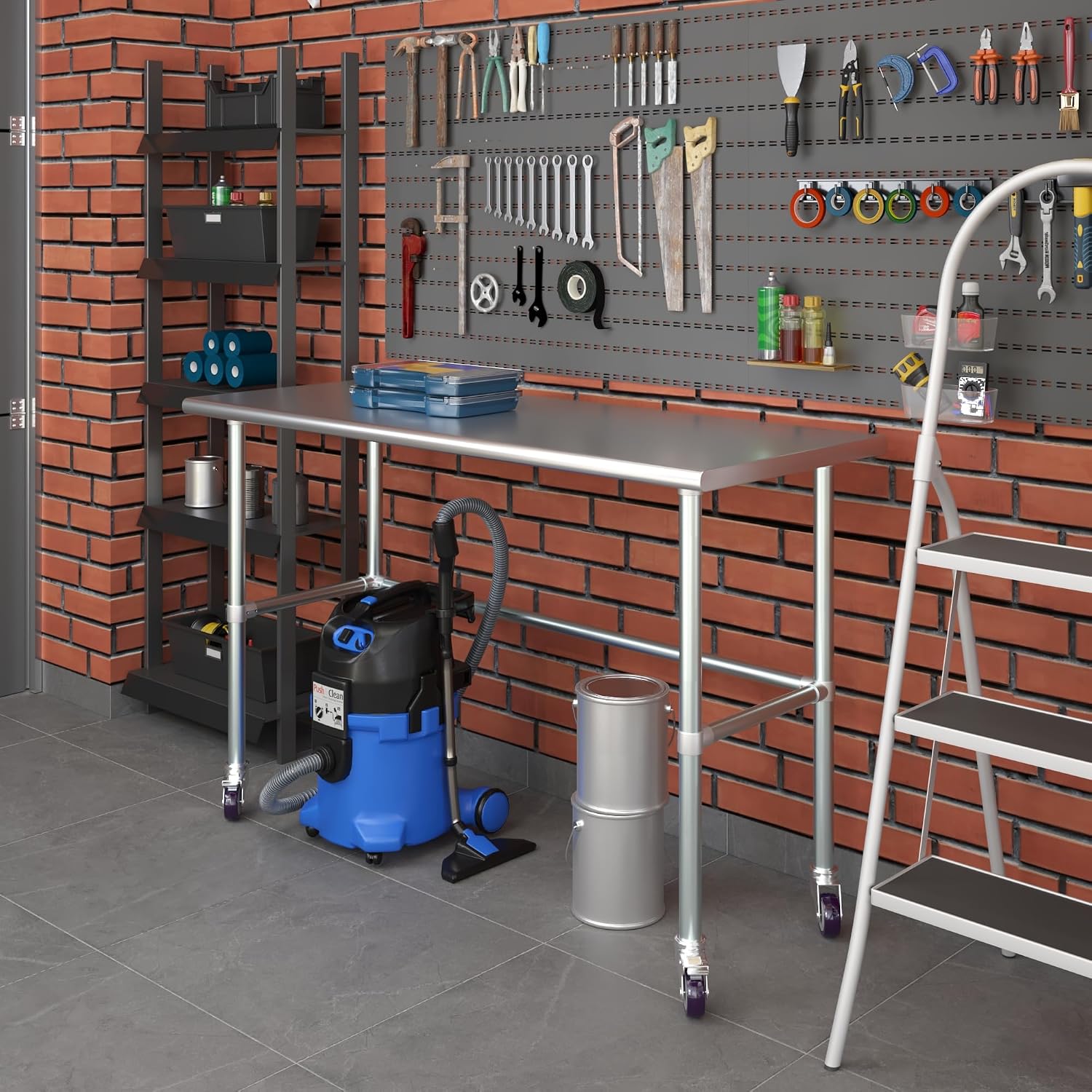 AmGood Stainless Steel Work Table Open Base & Wheels | Work Station | Metal Work Bench (Stainless Steel Work Table Open Base + Casters, 60' Long x 24' Deep)