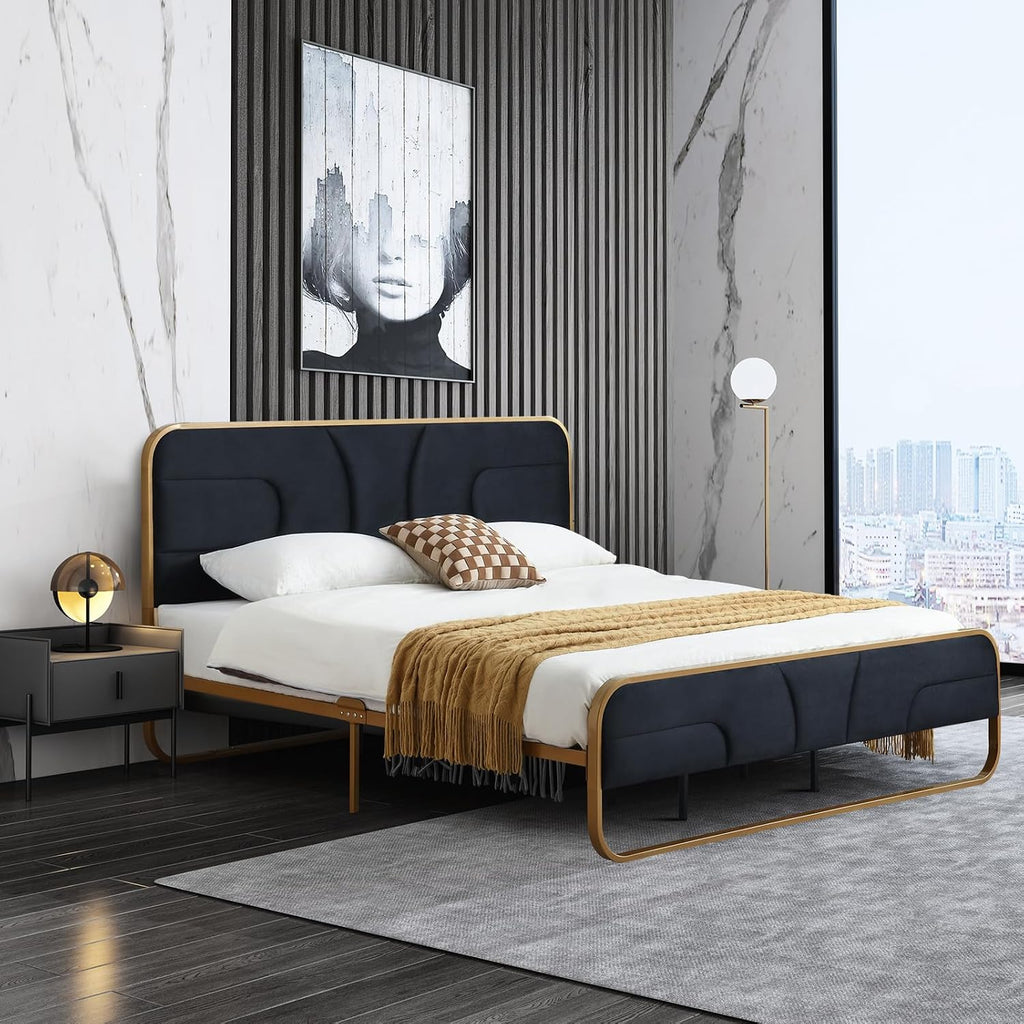VELOCAVA Rounded Metal Upholstered Bed King with Unique Headboard, Soft Velvet Platform Bed Storage Supported by Metal Base and Wooden Slats, No Box Spring Needed,Gold & Black