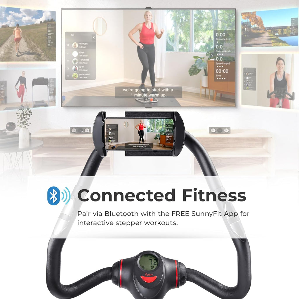 Sunny Health & Fitness Smart Stair Stepper Machine for Home Workouts with Handlebar, Resistance Bands, Bluetooth & SunnyFit App, Space-Saving Low-Impact Cardio Stepper