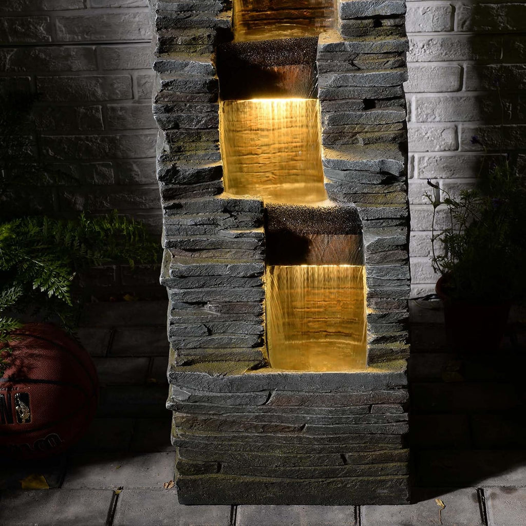 Bumilgar 47' H Garden Water Fountain Outdoor with LED Lights & Pump, 3-Tier Cascading Outdoor Fountain for Garden,Patio,Porch,Backyard,Home Art Decor (Gray)