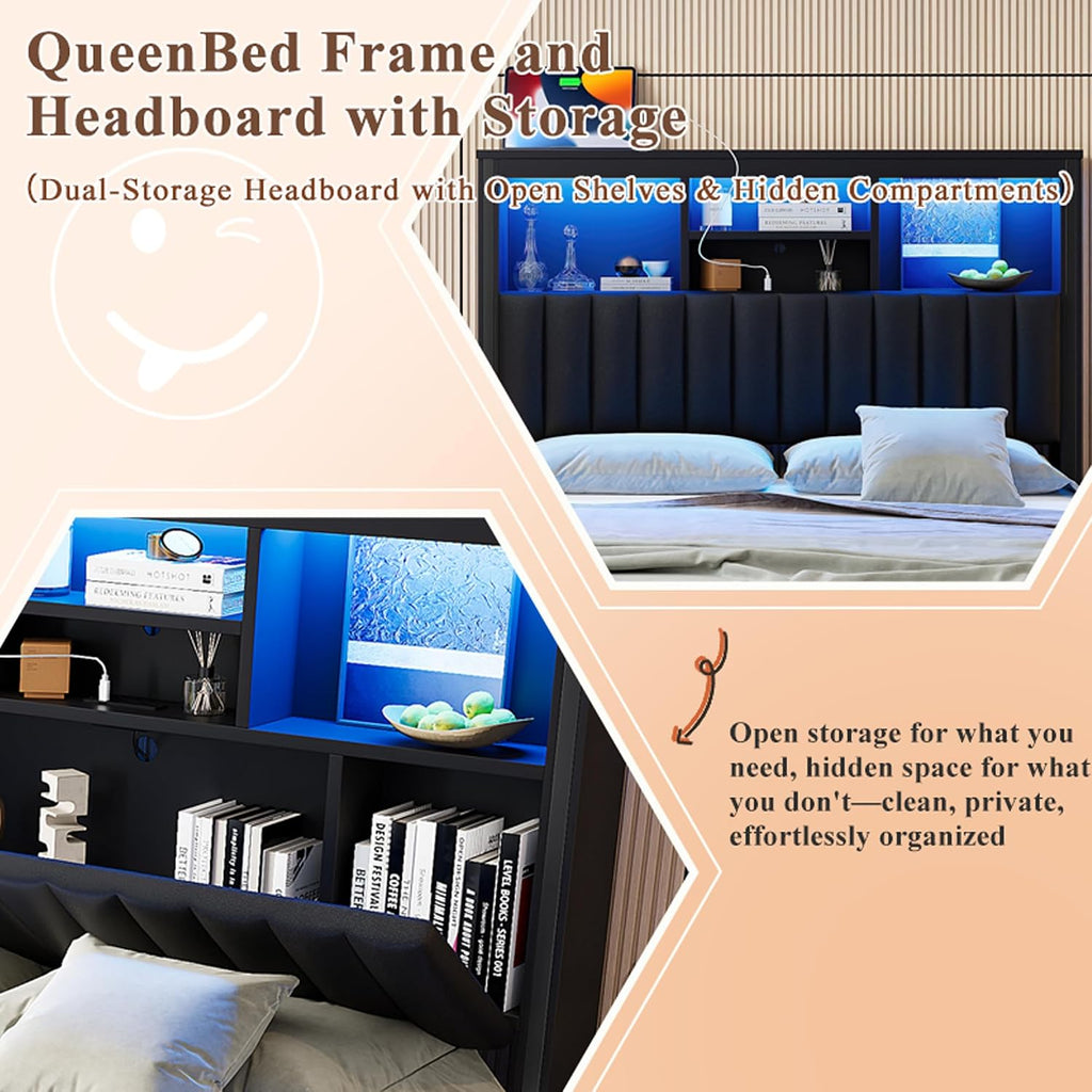 Queen Bed Frame with Storage Drawers & High Storage Headboard, Metal Queen Bed Frame with Headboard, LED light & Charging Station, Platform Bed Frames Queen Size, No Box Spring Needed, Black