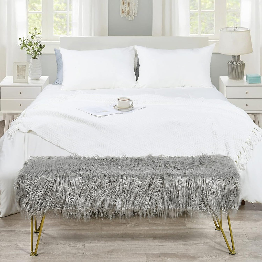 Gray Soft Plush Faux Fur Ottoman Entryway Bench Furry Footrest Stool 46'x16'x17' Sturdy Accent Long Bench for Bedroom End of Bed Closet Vanity Fuzzy Coffee Table Living Room Ottoman Gold Legs