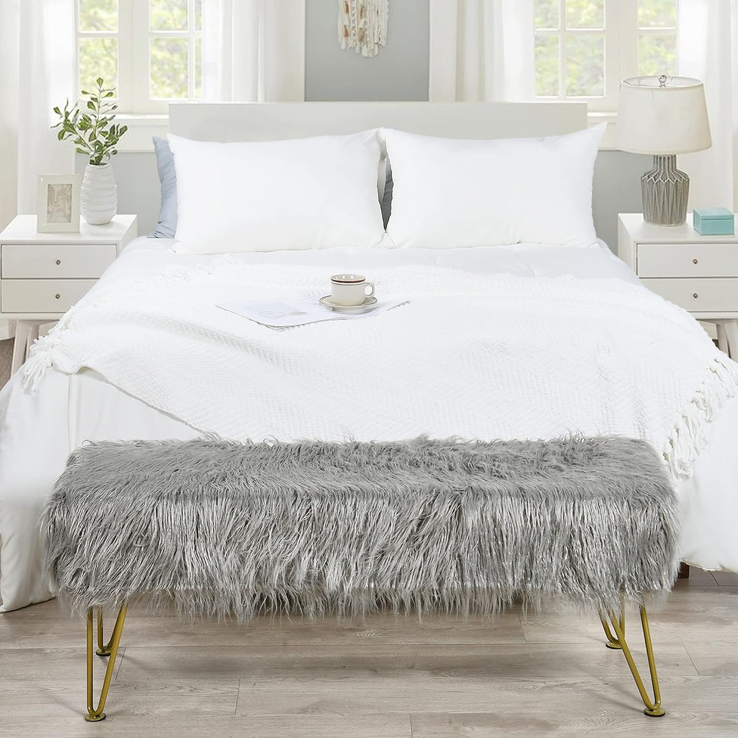 Gray Soft Plush Faux Fur Ottoman Entryway Bench Furry Footrest Stool 46'x16'x17' Sturdy Accent Long Bench for Bedroom End of Bed Closet Vanity Fuzzy Coffee Table Living Room Ottoman Gold Legs