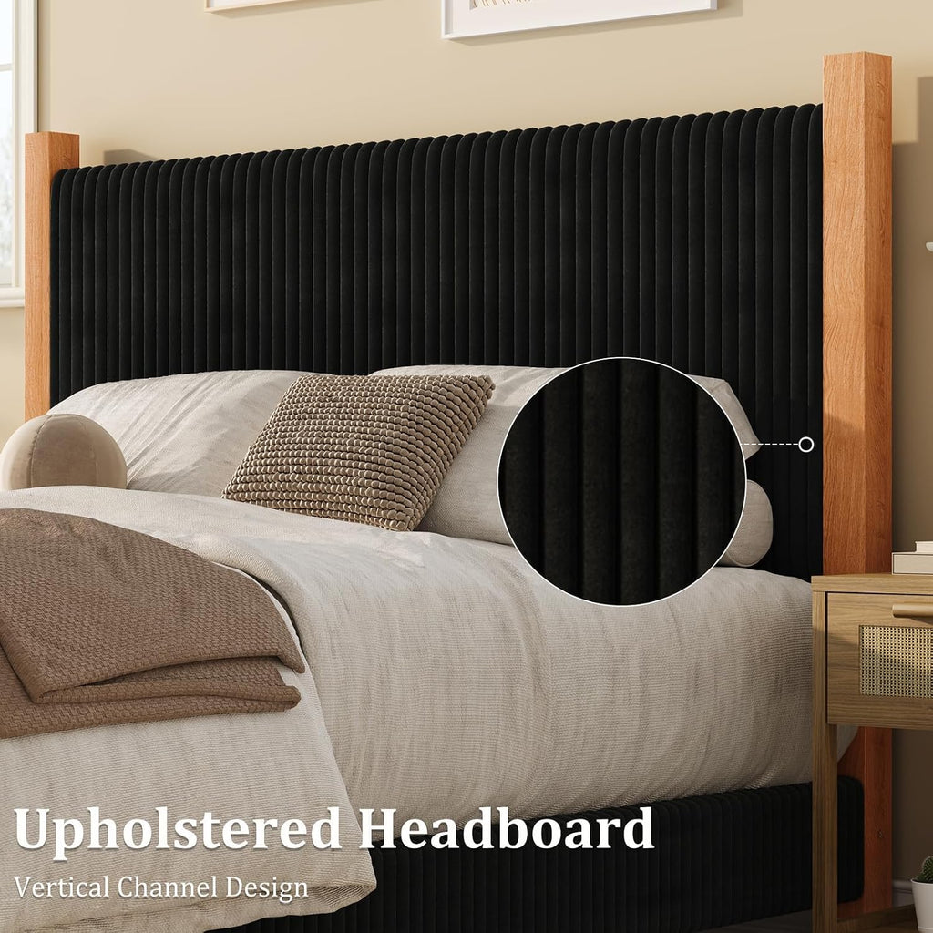 HOMBCK King Size Bed Frame with Headboard, Corduroy Upholstered King Bed Frame Wood, No Box Spring Needed, 4 Solid Wood Support, Noise-Free, Easy Assembly, Black