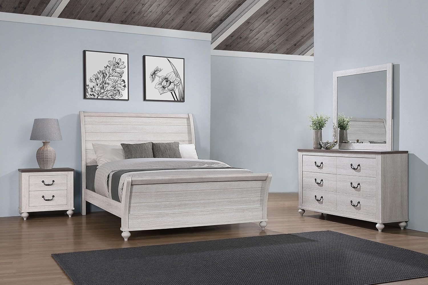 Coaster Home Furnishings Stillwood Farmhouse 4-Piece Bedroom Set California King Size Sleigh Bed Frame 55-inch Headboard Vintage Linen 223281KW-S4