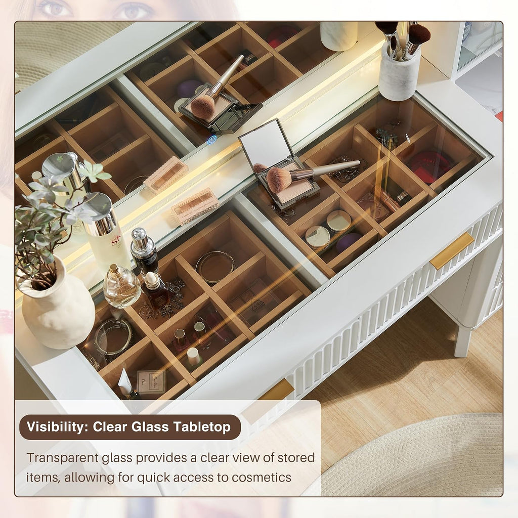 T4TREAM 48' Fluted Makeup Vanity Desk with Large 36' Mirror and Lights, Modern Glass Top Big Vanity Table with 5 Drawers & Adjustable Shelves, Dressing Table Set w/Charging Station for Bedroom, White