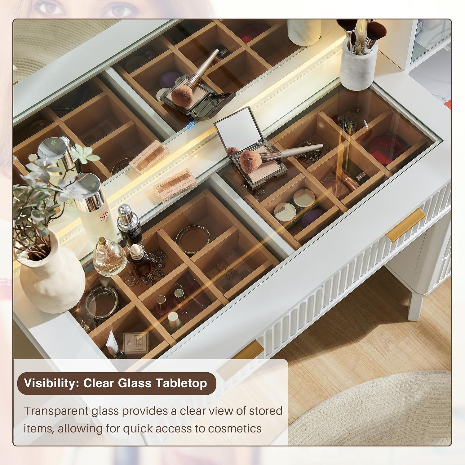 T4TREAM 48' Fluted Makeup Vanity Desk with Large 36' Mirror and Lights, Modern Glass Top Big Vanity Table with 5 Drawers & Adjustable Shelves, Dressing Table Set w/Charging Station for Bedroom, White