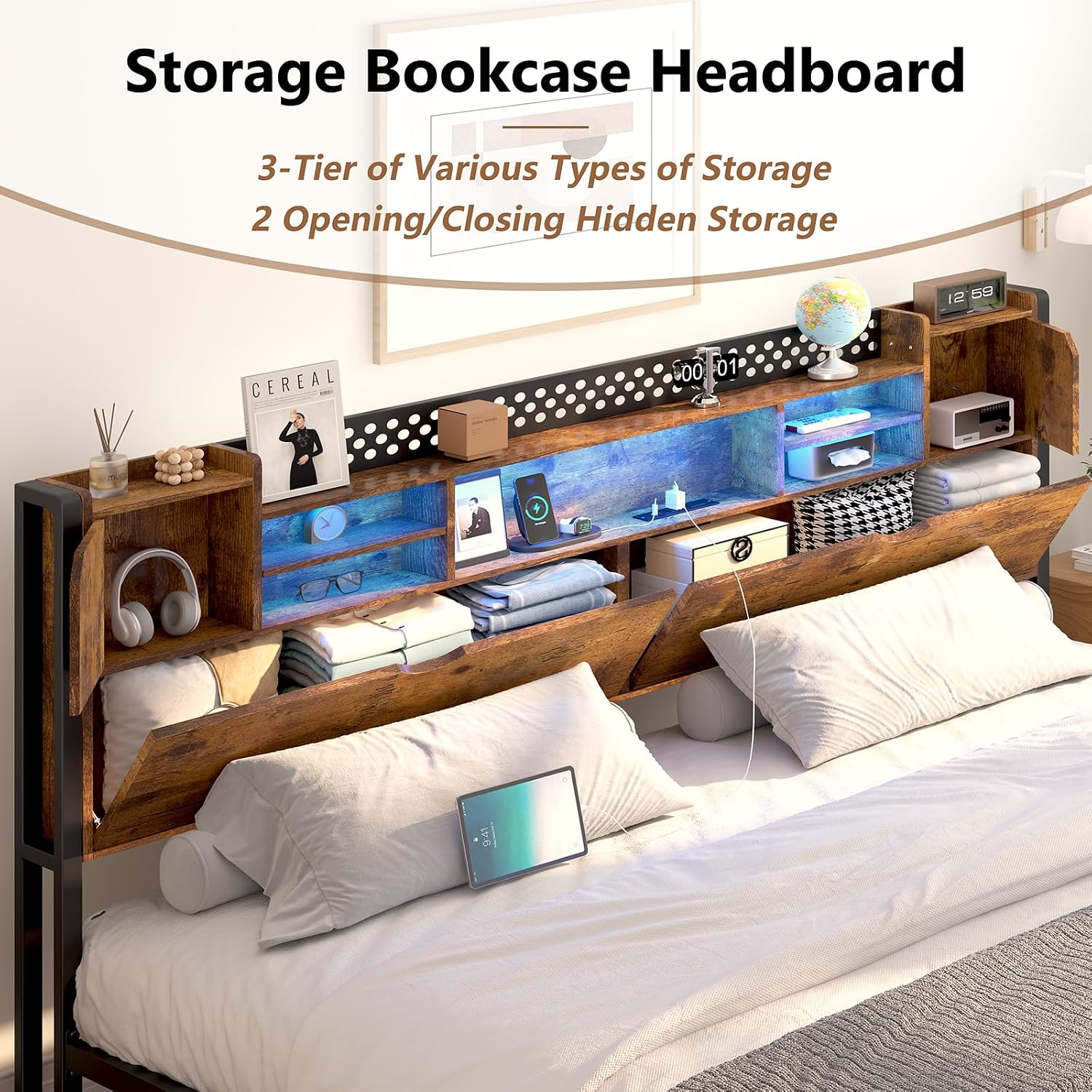 CSZZD King Size Bed Frame and Storage Headboard, LED Bed Frame with USB Charging Station, Metal Platform Bed Frame King with Hidden Storage Space, No Box Spring Needed