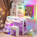 WOOVIVS Vanity with LED Mirror, 6 Drawer Dresser with Charging Station for Bedroom, Small Makeup Vanitys Table with RGB Light, Vanity Set with Chair,Jewelry Organizer for Girls-White