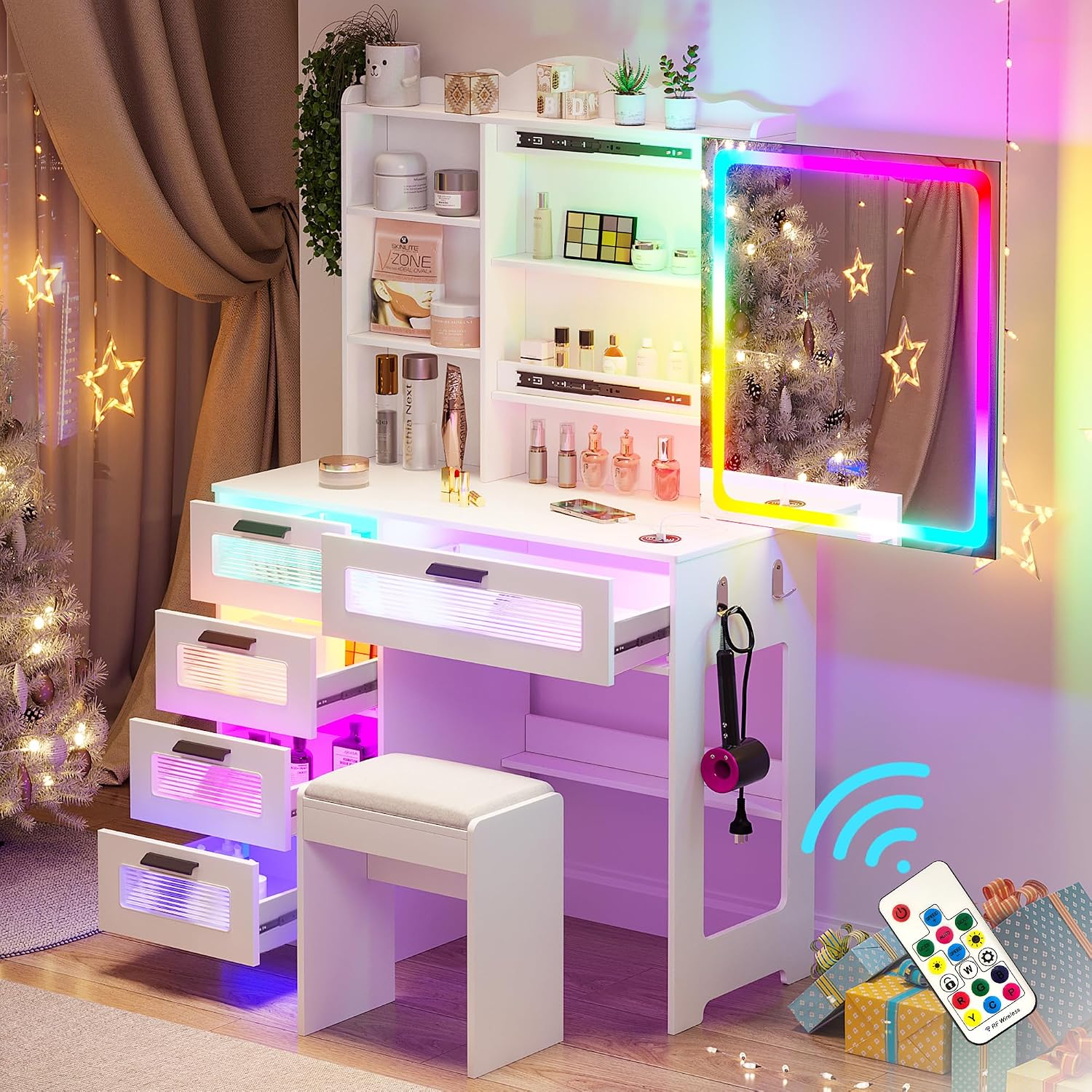 WOOVIVS Vanity with LED Mirror, 6 Drawer Dresser with Charging Station for Bedroom, Small Makeup Vanitys Table with RGB Light, Vanity Set with Chair,Jewelry Organizer for Girls-White