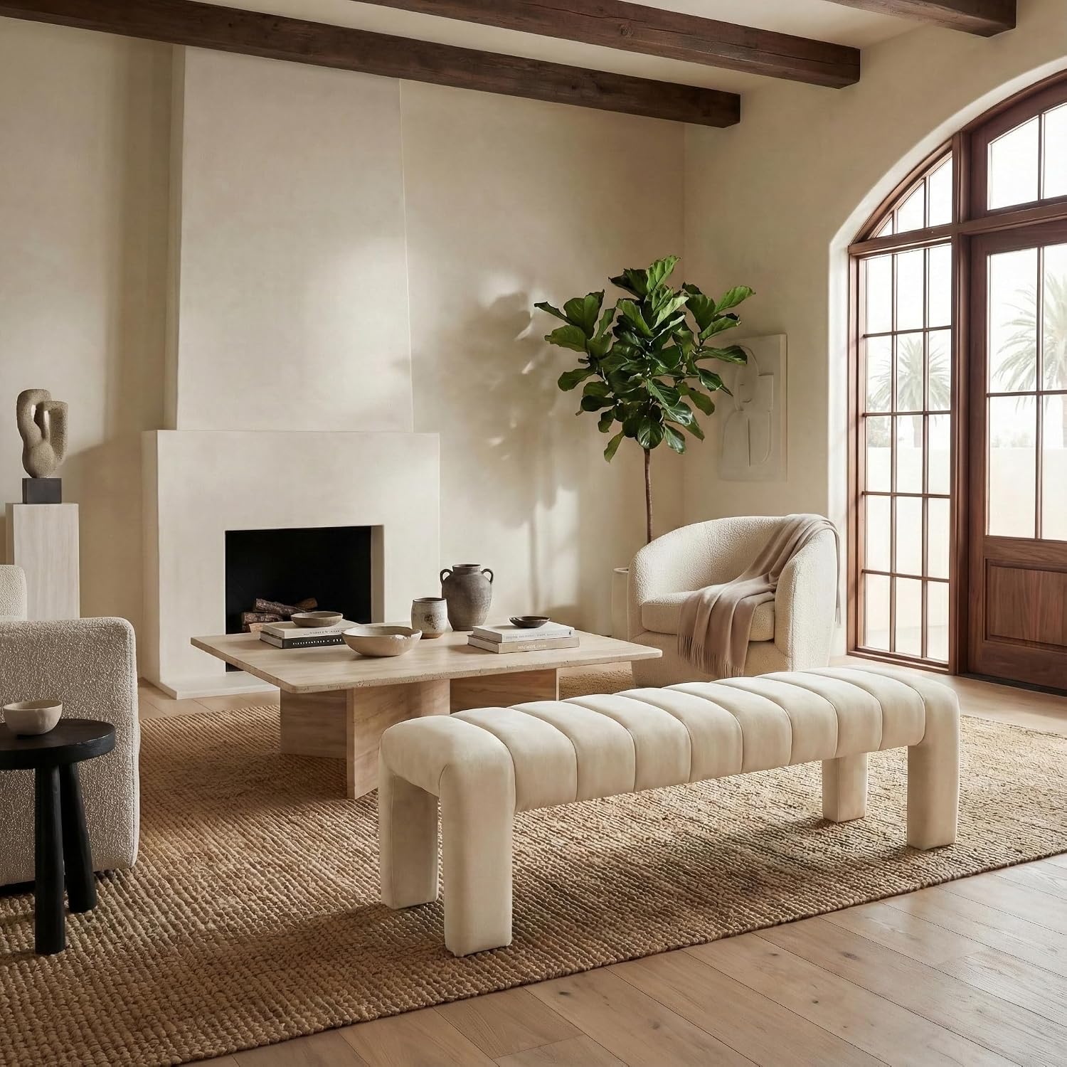 SAFAVIEH Couture Collection Bellisima Cream Velvet Channel Tufted Bench (Fully Assembled)