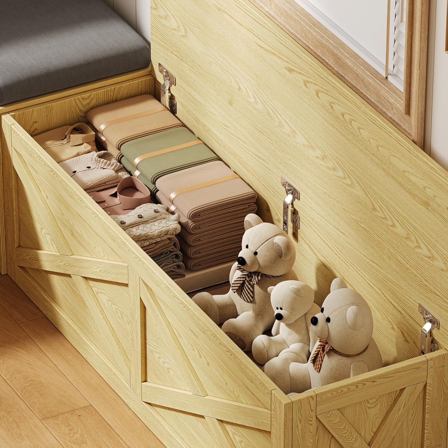 L-Shape Storage Bench with Cushion, Farmhouse Corner Dining Bench, Kitchen Breakfast Nook Bench with Hidden Storage for Dining Room, Entryway, Cloakroom, Natural