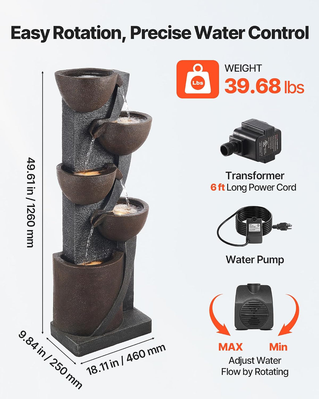 VEVOR Outdoor Water Fountain, 49.61 in Height Fountain and Waterfall, 5-Tier Floor Standing Jar-Shaped Cascading Fountains with LED Light and Pump, for Outdoor Indoor Garden, Home, Patio & Backyard