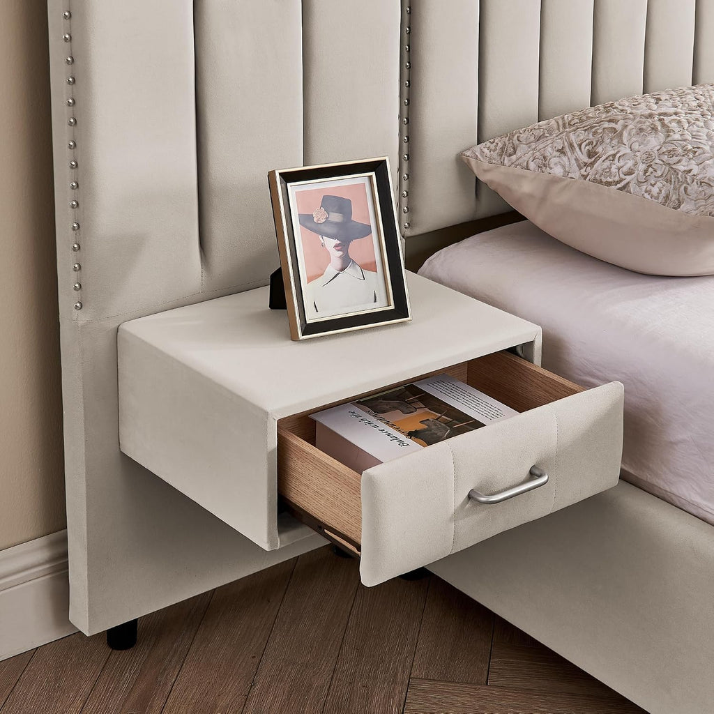 Velvet Upholstered Queen Size Platform Bed Frame with 48' Tall Headboard, Built-in Nightstands & Storage Drawers, No Box Spring Needed, Modern Beige Bedroom Furniture Set