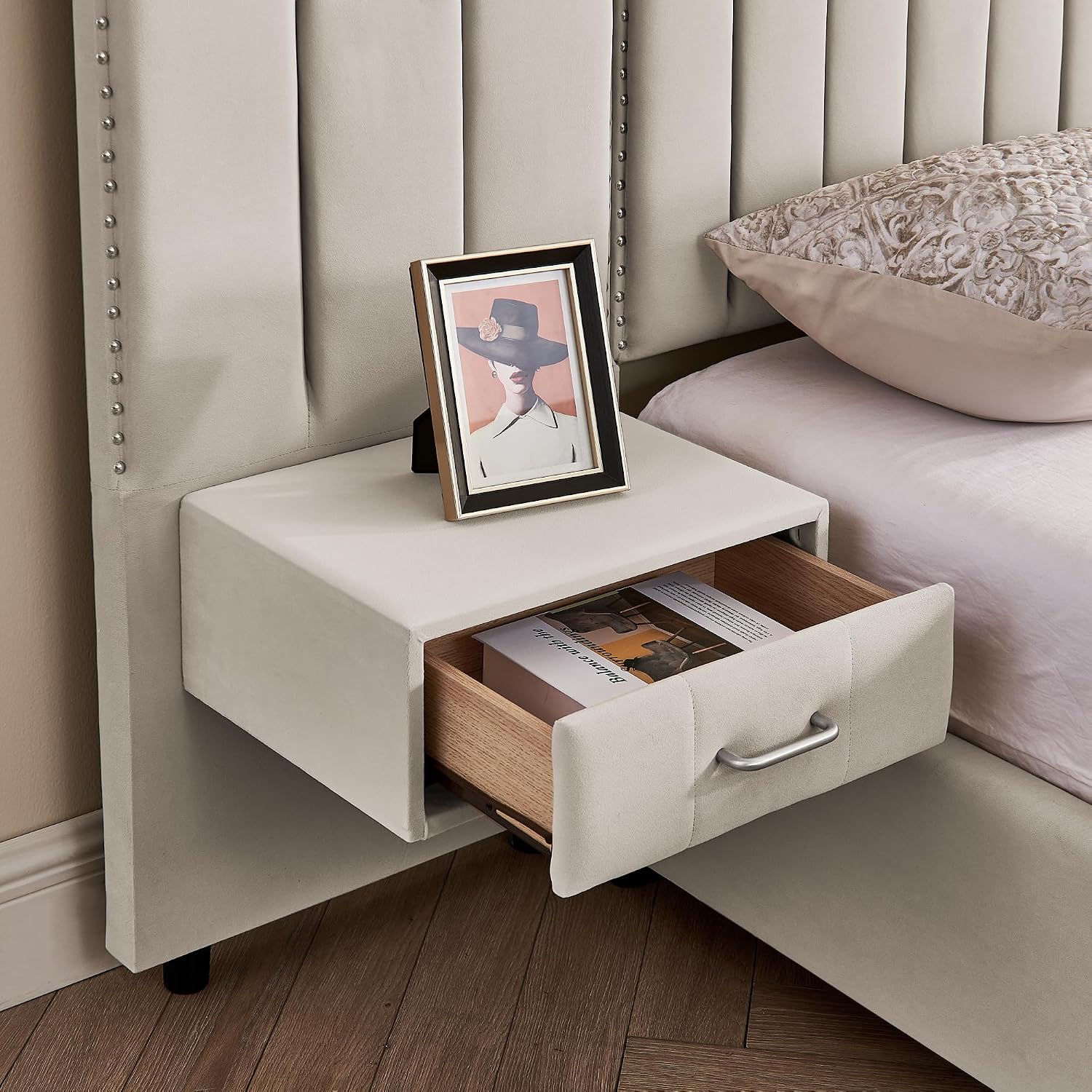 Velvet Upholstered Queen Size Platform Bed Frame with 48' Tall Headboard, Built-in Nightstands & Storage Drawers, No Box Spring Needed, Modern Beige Bedroom Furniture Set