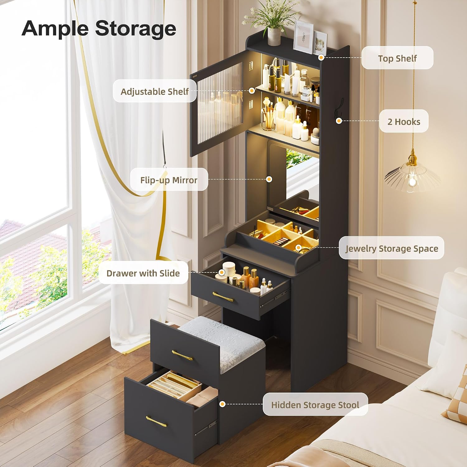 Lvifur 3-in-1 Vanity Desk with Mirror and Lights, Makeup Vanity Table with Cushioned Stool, Compact Dressing Table Writing Desk for Small Spaces, Vanity Set for Bedroom