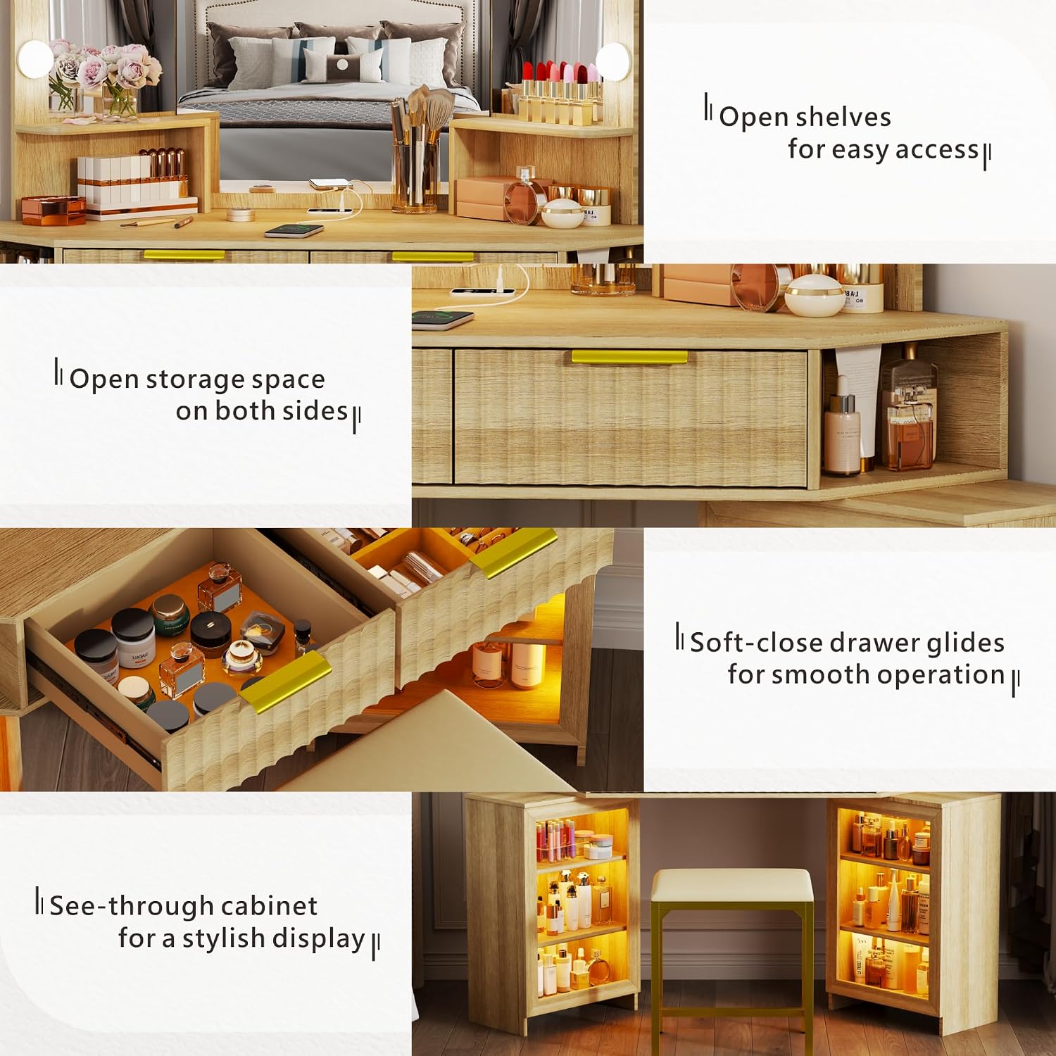 Vanity Desk with LED Lights Mirror & Power Outlet – Corner Design, Makeup Vanity Table Set with Storage Drawers & Chair, 3 Lighting Modes for Living Room/Bedroom, Ideal for Gift (Wood)