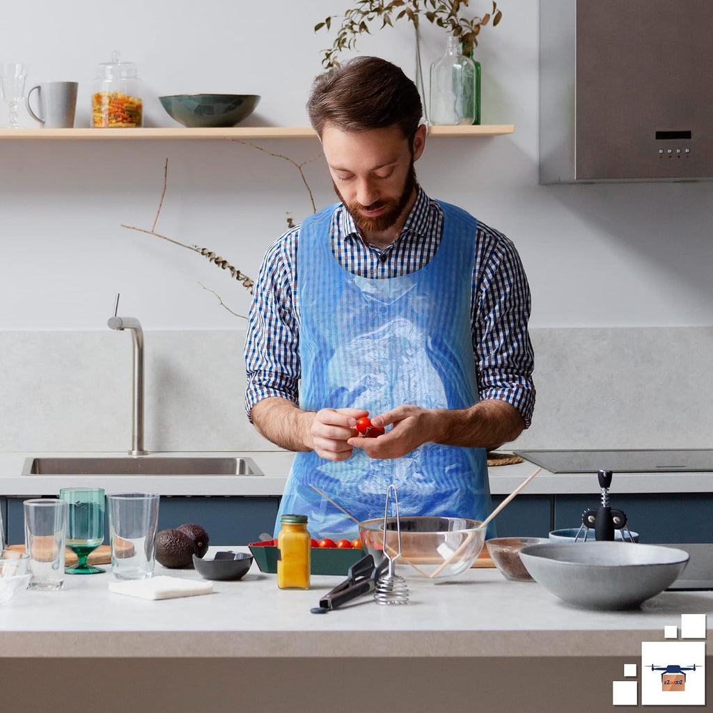 EZGOODZ Disposable Plastic Aprons for Adults 28 x 46 Inch, Pack of 1000 Blue, Waterproof Lightweight 1.0 Mil for Painting, Food Service, Cleaning