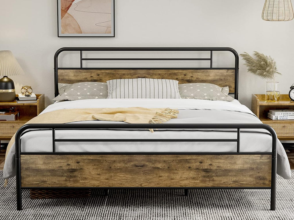IKIFLY California King Bed Frames with Wood Headboard Footboard, Farmhouse Metal Cal King Platform Bed, Heavy Duty Steel Slats, 12' Under Bed Storage, Noise Free, No Box Spring Needed - Rustic Brown