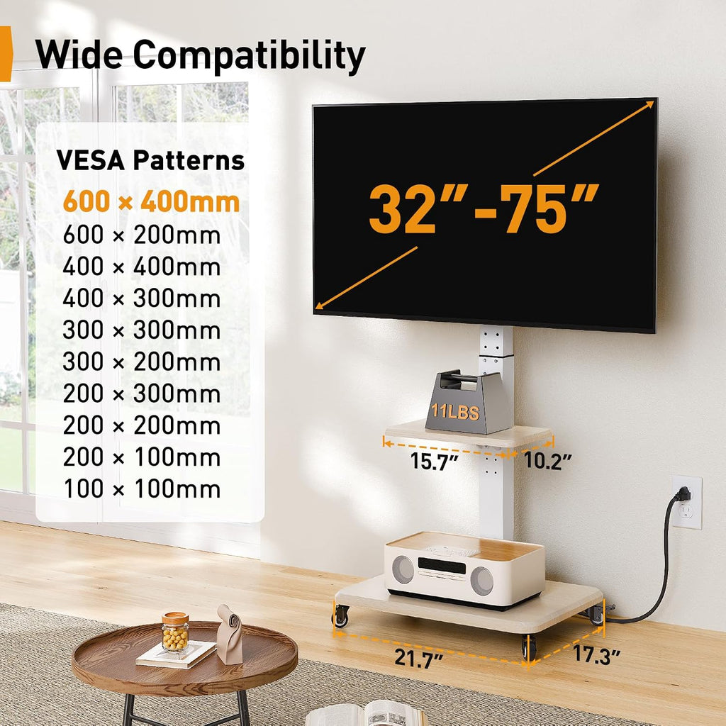 Perlegear Mobile TV Stand with Power Outlet, Tilt & Swivel Rolling TV Cart for 32-75 inches TVs up to 110 lbs, Height Adjustable Rolling TV Stand White with Wheels, Max VESA 600x400mm, PGTVMC17W