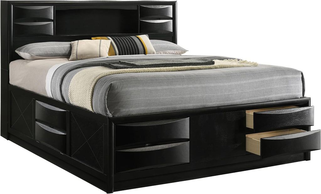 King Storage Bed, Platform Bed, Bookcase Headboard, Black Wood, 4 Footboard Drawers, Right Side Drop Down Door, No Foundation Required, Eastern King Bed Frame