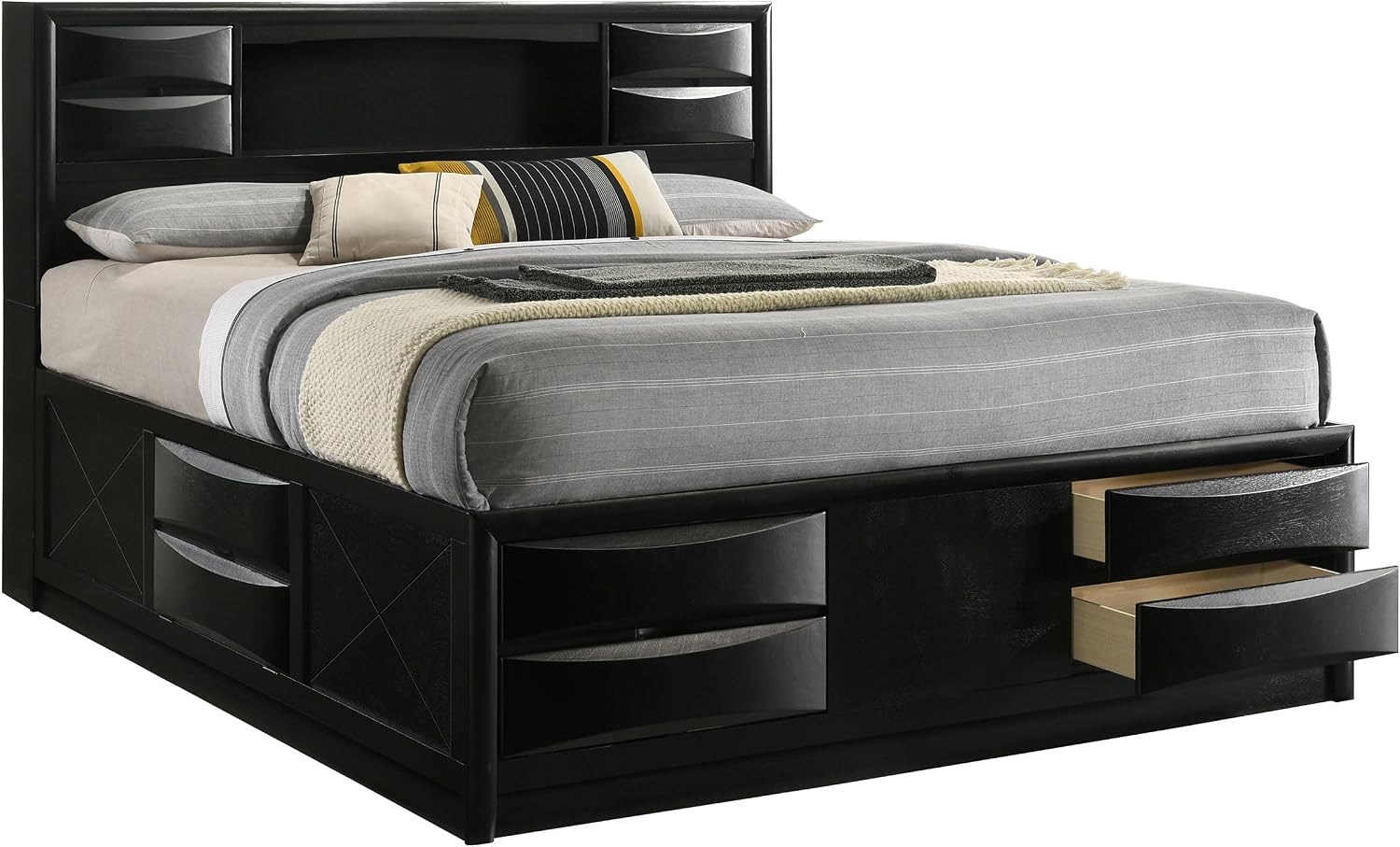 King Storage Bed, Platform Bed, Bookcase Headboard, Black Wood, 4 Footboard Drawers, Right Side Drop Down Door, No Foundation Required, Eastern King Bed Frame