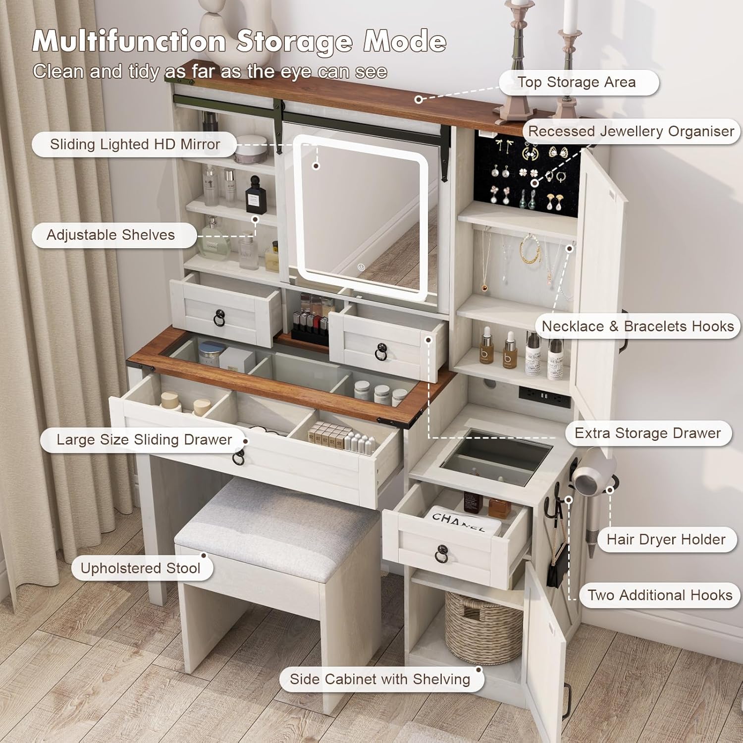 Farmhouse Makeup Vanity Desk with Sliding Mirror and Lights, 42 Wood Vanity Table Set with Glass Top, Power Outlets, Jewelry Storage Cabinet, 4 Drawers, Stool for Country Room Decor, Antique White